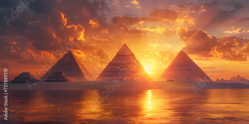 Majestic yellow Egyptian pyramids among tall sand dunes secrets water Landscape view cloudy sky 