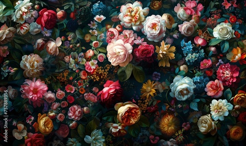 A colorful rococo style wall made of flowers background. Artistic floral painting wallpaper design. Rich color palette.