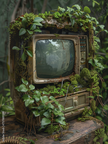 An enviromental computer with moss and foliage inside