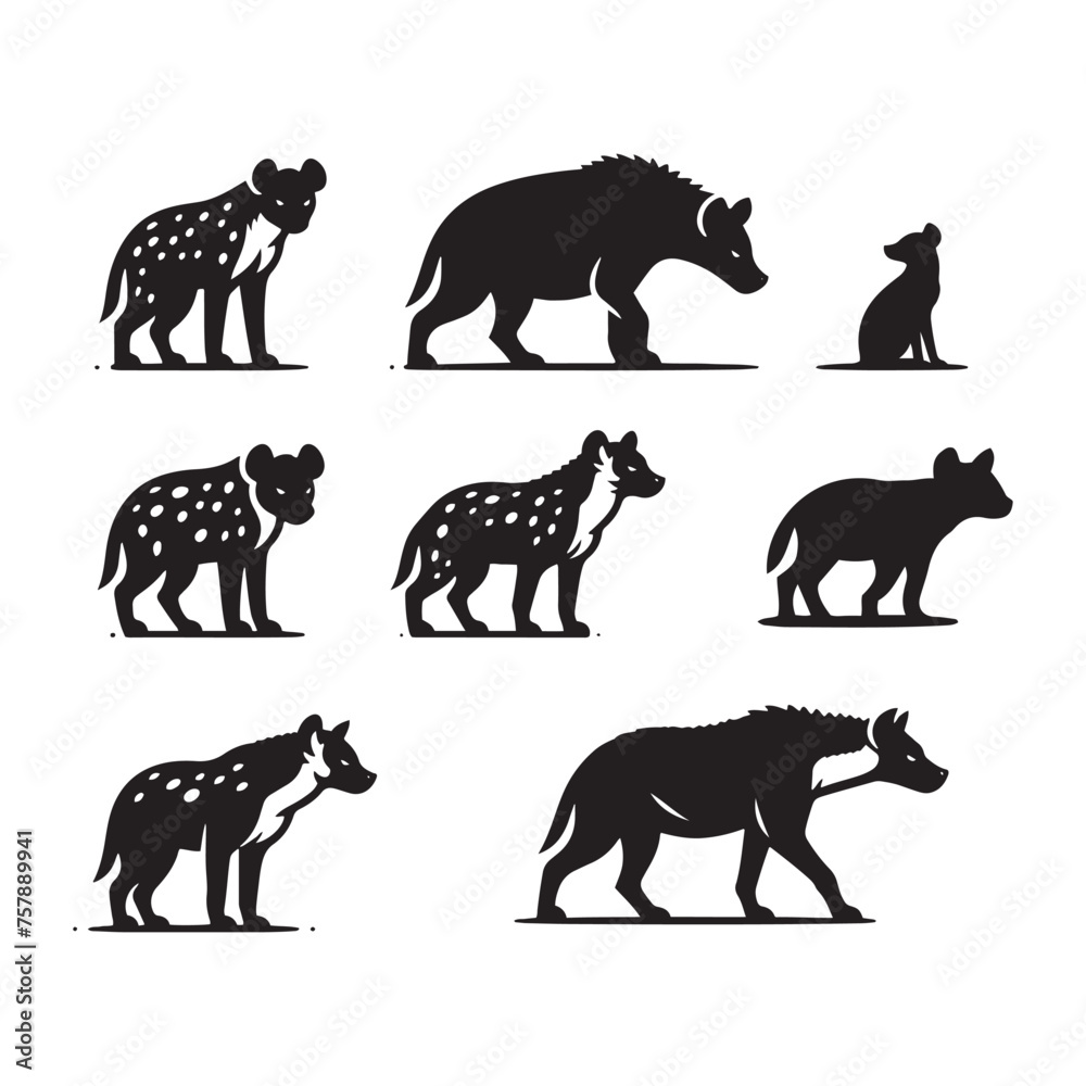 Hyena Silhouette Vector: Predatory Shapes for African Wildlife, Safari Adventure, Hyena vector, Hyena Illustration. Hyena Silhouette Vector: Predatory Shapes for African Wildlife, Safari Adventure, Hyena vector, Hyena Illustration.