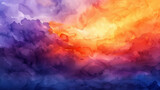 Abstract watercolor sunset showcasing brilliant orange and purple hues 
