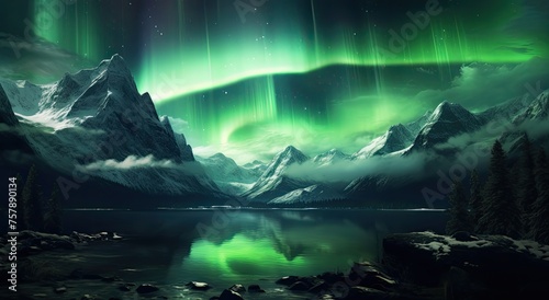 Majestic Green Aurora Borealis Over Mountain Lake