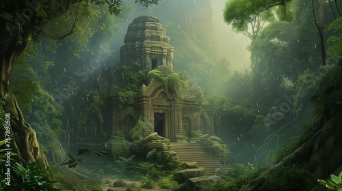 An ancient temple hidden in a mystical jungle