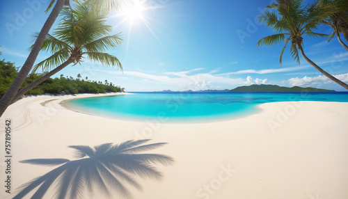 Paradise landscape of a tropical desert island with white sand, crystal clear turquoise water and palm trees