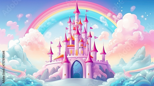 Rainbow unicorn castle in the cloud sky of fantasy background