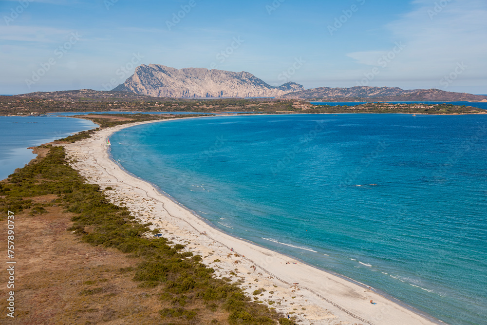 aerial full view of La Cinta popular beach San Teodoro Olbia Sardinia