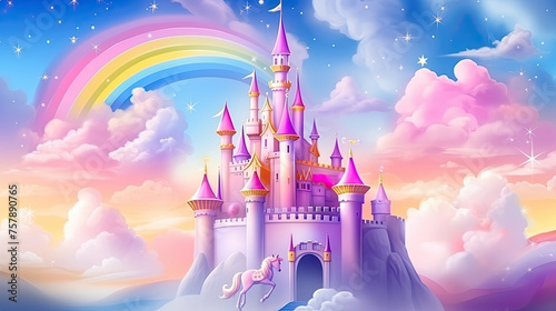 Rainbow unicorn castle in the cloud sky of fantasy background photo