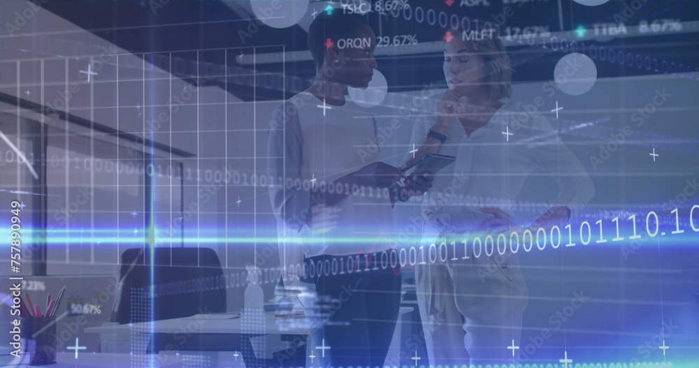Image of data processing over woman with laptop Image of data processing over woman with laptop