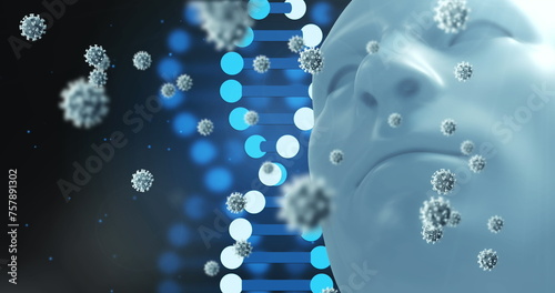Image of falling cells and dna strand over human head 3d model on dark background