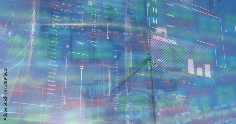 Image of interface with data processing over spinning windmill against blue sky Image of interface with data processing over spinning windmill against blue sky