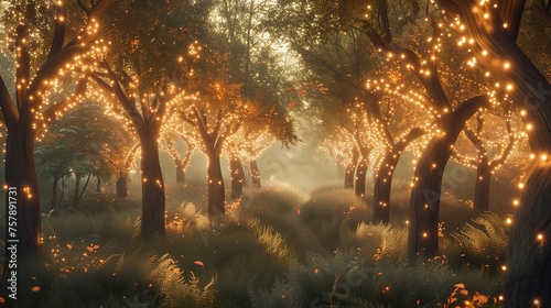 A whimsical forest with trees that have glowing leaves