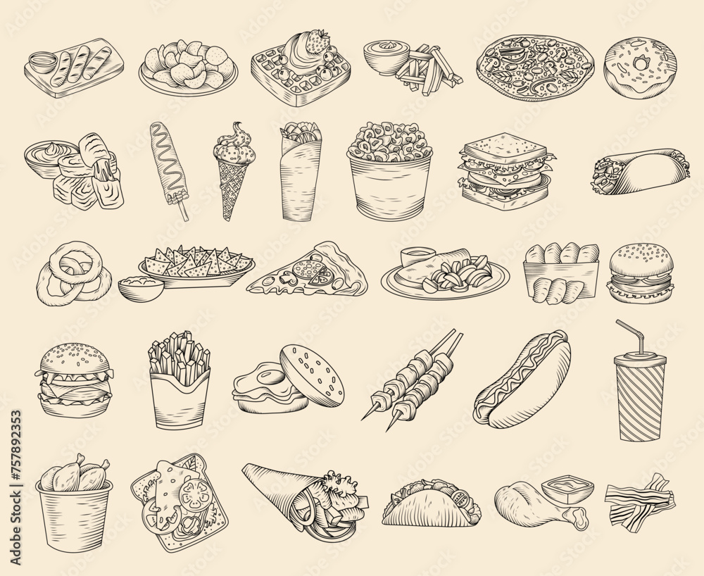 Set of hand drawn fast food illustration (French fries, pizza, taco, hamburger, chips, cheeseburger, sandwich, kebab, hot dog, nuggets etc), vector sketch isolated illustration of street food - obrazy, fototapety, plakaty 