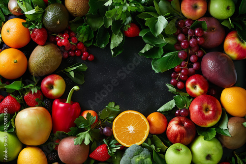 Fresh fruits and vegetables framing black background 