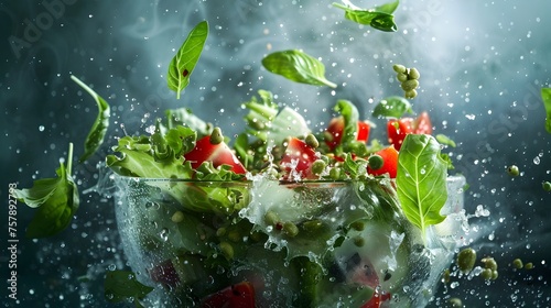 Fresh vegetables with water splashing action, perfect for healthy eating or cooking topics.