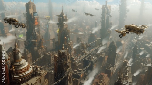 A steampunk cityscape with flying vehicles and towering skyscrapers © Naseem