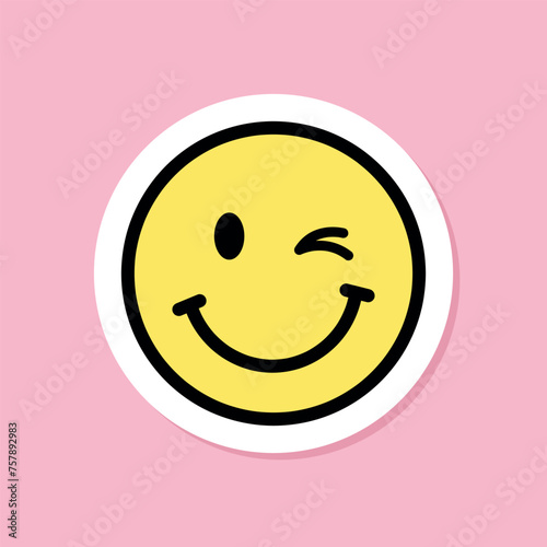 winking face emoji sticker, yellow face with winking eye, black outline, cute sticker on pink background, groovy aesthetic, vector design element