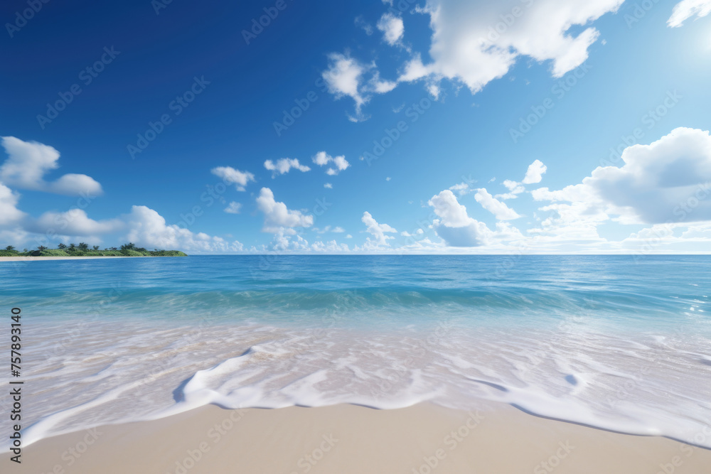 Tropical Sandy Beach Paradise, ocean surf, blue sky with clouds background