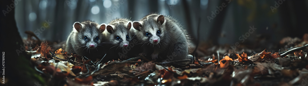 Opossum family in the forest with setting sun shining. Group of wild animals in nature. Horizontal, banner. Opossum family in the forest with setting sun shining. Group of wild animals in nature. Horizontal, banner.