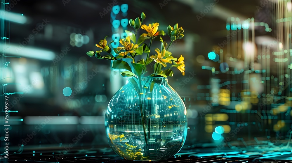 Futuristic Flower Vase, Suitable for Tech and Nature Concept Pieces, merging technology and botany for a modern twist. - obrazy, fototapety, plakaty 