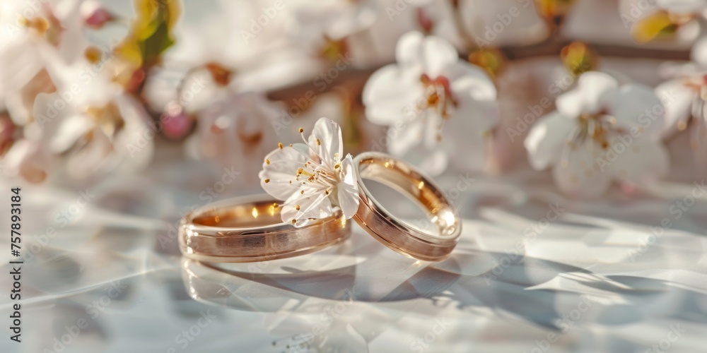 Two golden wedding rings nestled among delicate cherry blossoms on a reflective surface, symbolizing spring and matrimony. Two golden wedding rings nestled among delicate cherry blossoms on a reflective surface, symbolizing spring and matrimony.