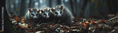 Opossum family in the forest with setting sun shining. Group of wild animals in nature. Horizontal, banner.