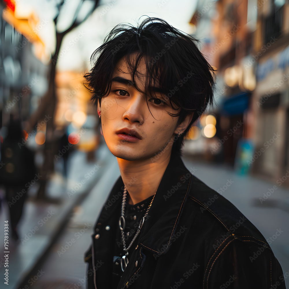 Fototapeta premium Handsome Asian Man Standing on the Sidewalk generative ai