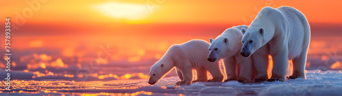 Polar bear family in the arctic region with setting sun shining. Group of wild animals in nature.