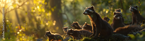 Polecat family in the forest with setting sun shining. Group of wild animals in nature. Horizontal, banner. © linda_vostrovska