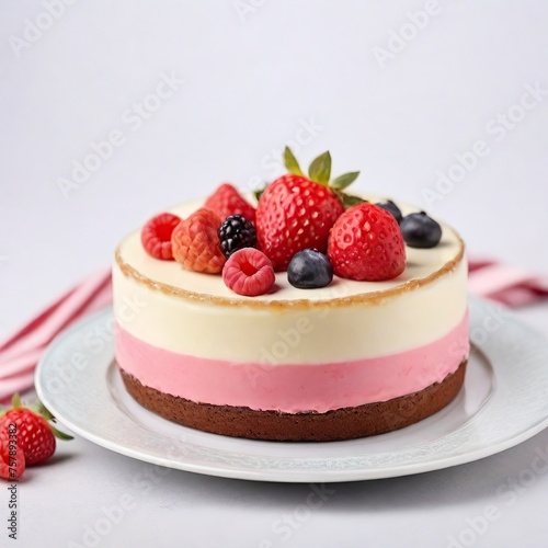 Free Photo Chocolate cake with cream and berries on a light background Selective focus. 