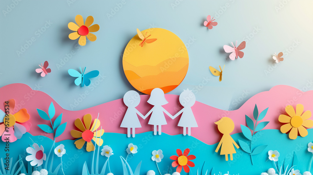 Illustration made with paper, happy smiling children, ai