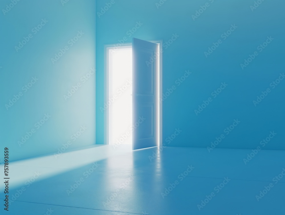 A concept image of an open door with bright light in a blue room symbolizing opportunity, hope, and future.