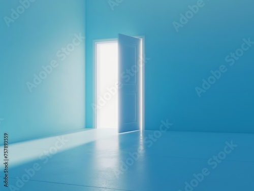 A concept image of an open door with bright light in a blue room symbolizing opportunity  hope  and future.