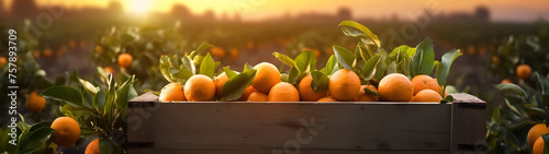 Tangerines harvested in a wooden box with orchard and sunshine in the background. Natural organic fruit abundance. Agriculture, healthy and natural food concept. Horizontal composition, banner.