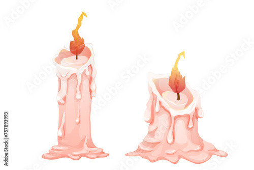 Set detailed Wax candle from paraffin wax with fire, flame tall to law isolated on white background. 
