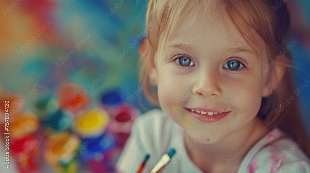 Cheerful young girl with paint on her face holding brushes, surrounded by vibrant watercolors. Cheerful young girl with paint on her face holding brushes, surrounded by vibrant watercolors.
