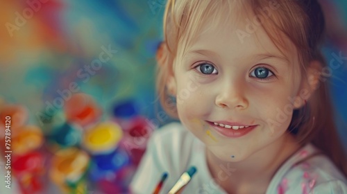 Cheerful young girl with paint on her face holding brushes, surrounded by vibrant watercolors.