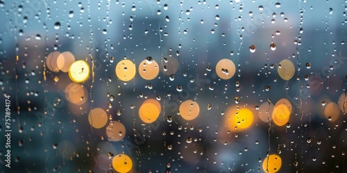 Raindrops clinging to a glass pane with a bokeh of city lights glowing in the background at dusk.