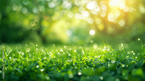 Green grass background with blurred bokeh and sunlight 
