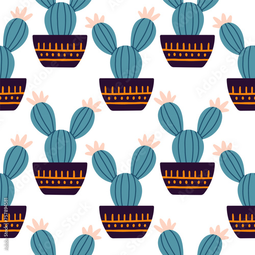Cute cactus seamless pattern. Desert spiny plant, mexico cacti flower and tropical home plants.