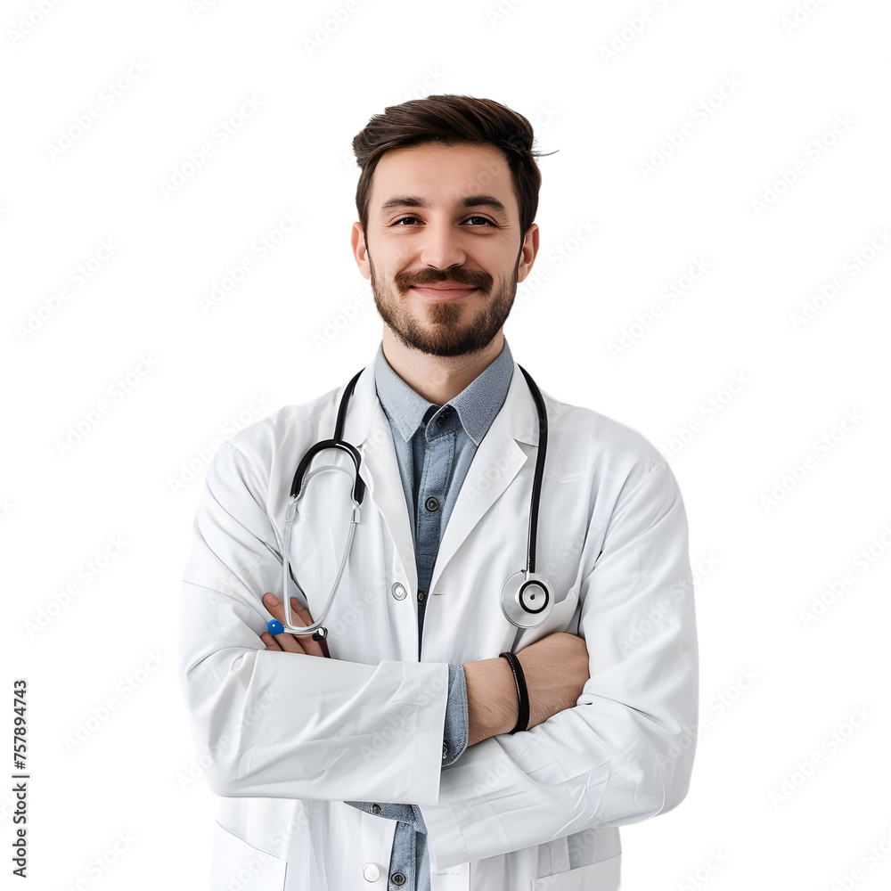 Portrait of smiling doctor with stethoscope standing isolated on transparent background
