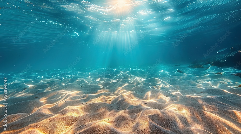 Seabed sand with blue tropical ocean above, empty underwater background with the summer sun shining brightly, creating ripples in the calm sea water - obrazy, fototapety, plakaty 