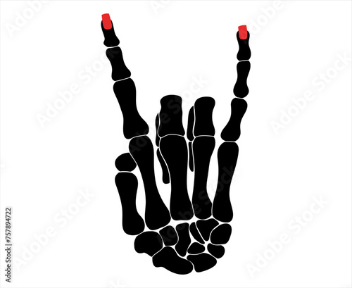 Woman skeleton hand with red polish in rock n roll sign, hand drawn vector isolated illustration