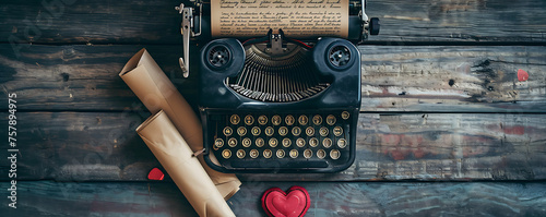 A vintage-style typewriter with paper scrolls filled with love letters, capturing the timeless art of written expressions of affection