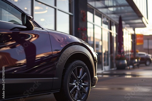 Purple SUV with Black Wheel and Tire, Parked Outside a Store Generative AI