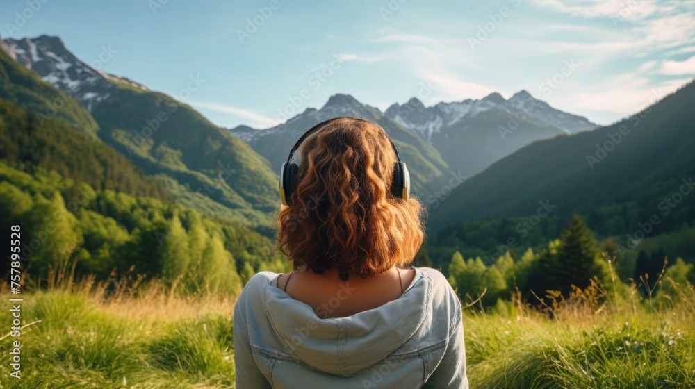 Music therapy, harmony, mental health concept. Pretty young woman enjoying music with headphones outdoors. Woman wearing headphones enjoying music and good vibes 