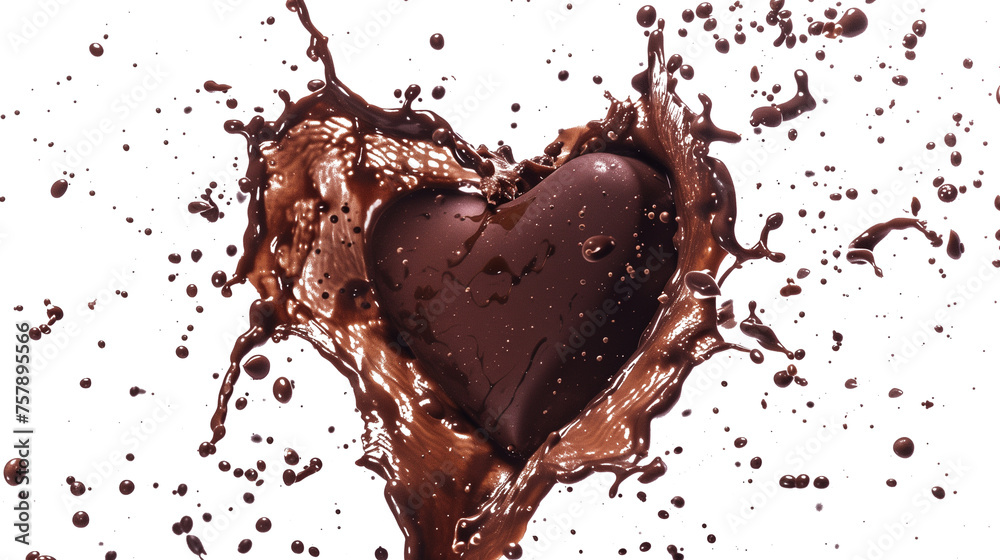heart shaped chocolate in liquid chocolate splash isolated on transparent background, chocolate explosion cutout heart shaped chocolate in liquid chocolate splash isolated on transparent background, chocolate explosion cutout