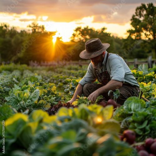 A farmer harvesting fresh vegetables in a lush garden at sunrise. --stylize 250 Job ID: bf2a8577-d338-49cd-a695-5a855d071477