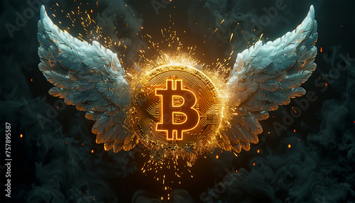 Bitcoin flying with wings. Bitcoin and cryptocurrency investing concept. Bitcoin cryptocurrency gold coin. Trading on the cryptocurrency exchange. Trends in bitcoin exchange rates. Rise and fall  photo