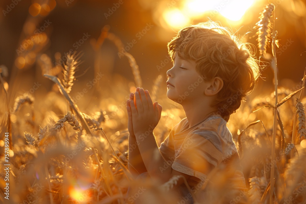 Fototapeta premium Praying in the Sunflowers A Golden Moment Generative AI