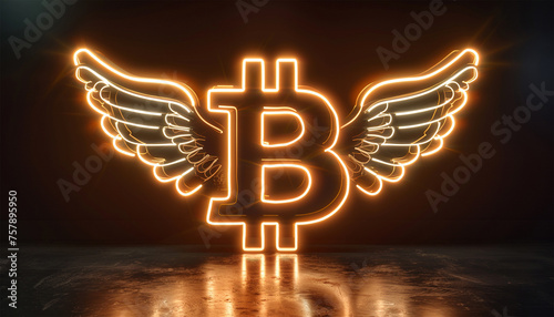 Bitcoin flying with wings. Bitcoin and cryptocurrency investing concept. Bitcoin cryptocurrency gold coin. Trading on the cryptocurrency exchange. Trends in bitcoin exchange rates. Rise and fall  photo